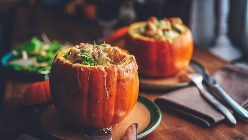 Pumpkin Risotto Baked with Cheese in a Pumpkin