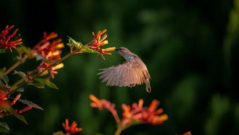 Hummingbird flying near a firebush