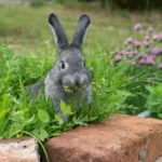 Gray rabbit sits in the herb bed and eats