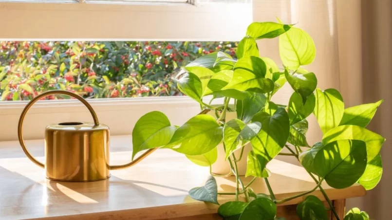 Indoor Golden pothos houseplant next to a watering can