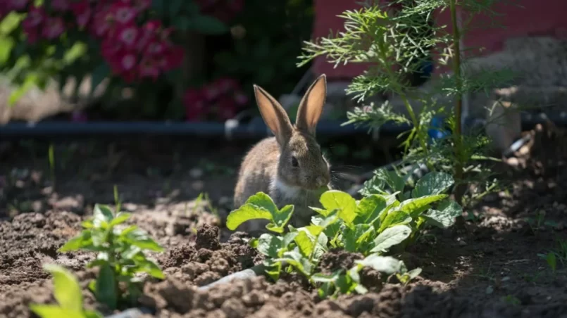 Rabbit munching lettuce in garden