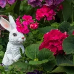 white rabbit stands in a flower bed near bright colorful geranium flowers