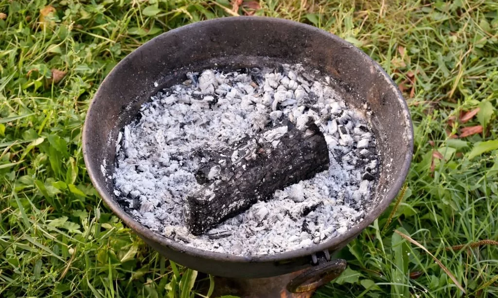 Burnt firewood and ashes in barbecue on grass