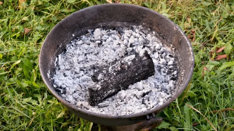 Burnt firewood and ashes in barbecue on grass