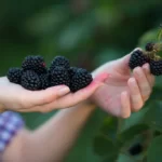 Harvesting fresh blackberries from blackberry bush