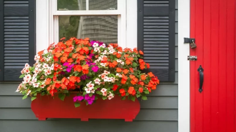 Multicolored impatiens flowers grow in a window- box