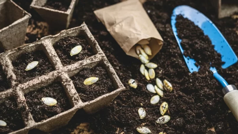 Planting pumpkin seeds into peat pot