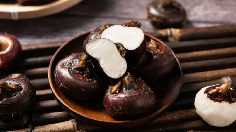 Water chestnut in dish on table