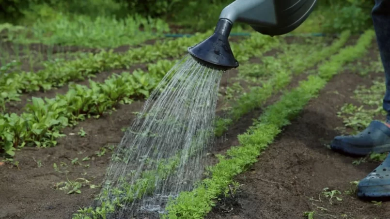 Watering young carrots