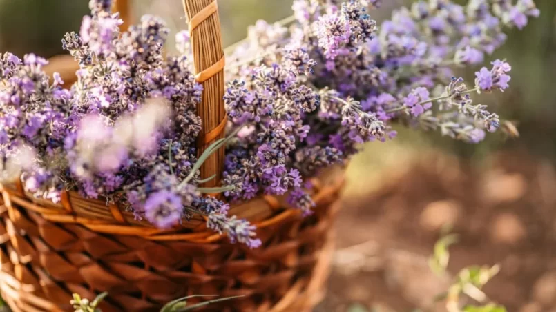 A woven basket filled with purple lavender