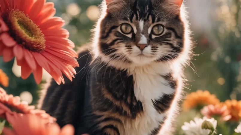 Cat near gerbera daisies