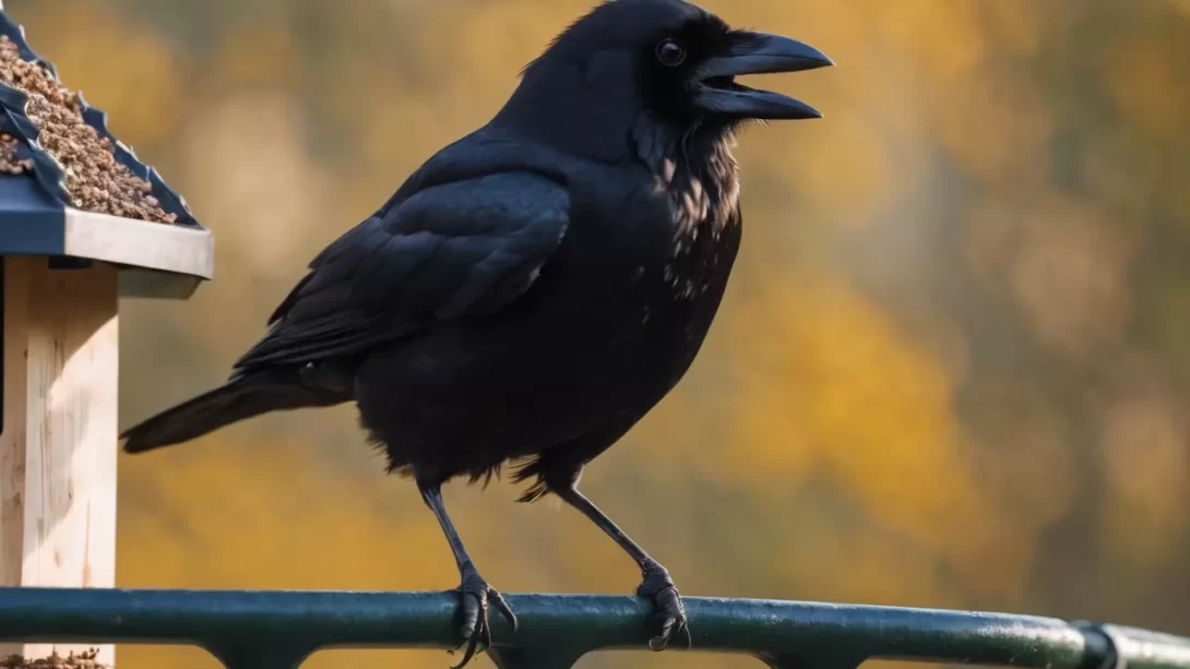 Crow near bird feeder