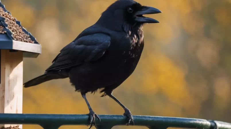 Crow near bird feeder