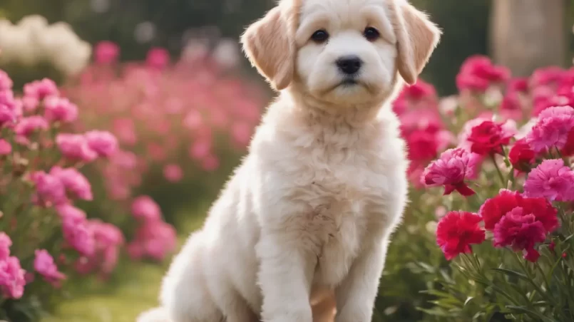 Dog near Dianthus flowers