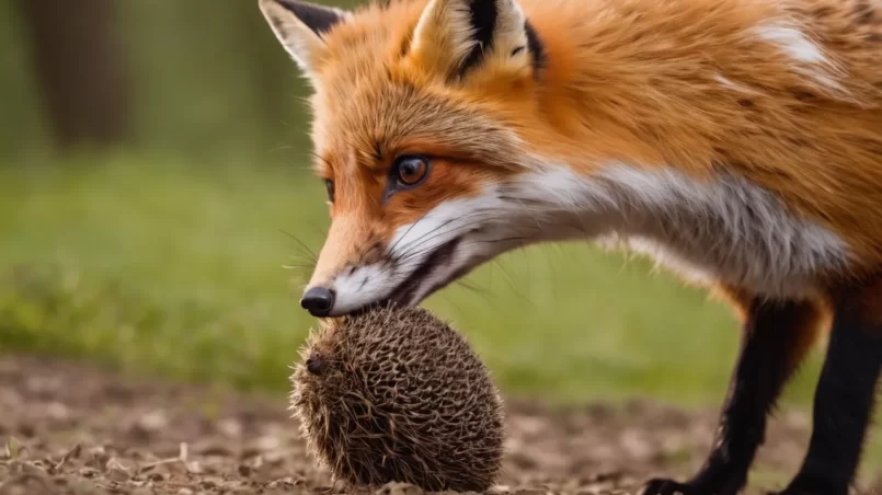 Fox trying to eat hedgehog