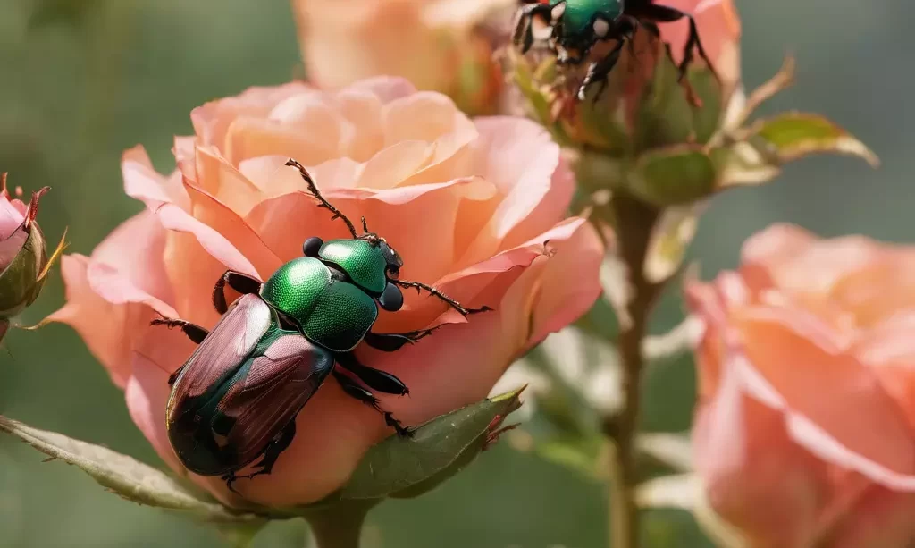 Japanese beetles eating roses
