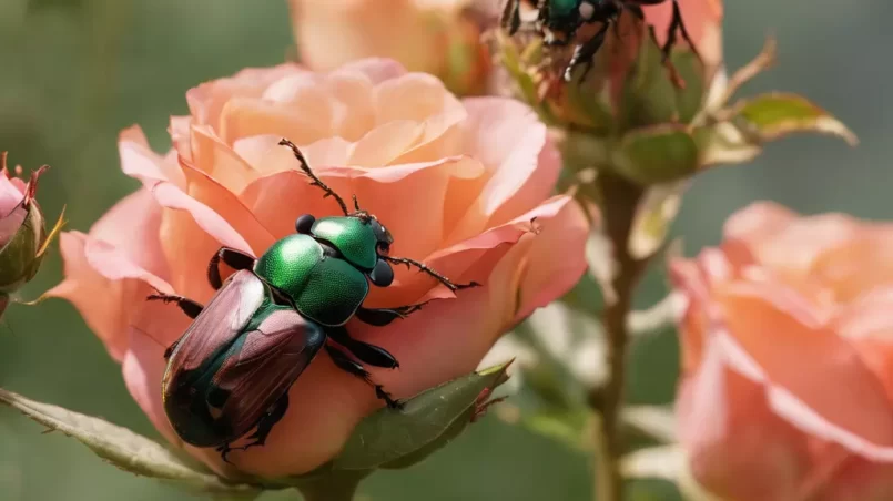 Japanese beetles eating roses