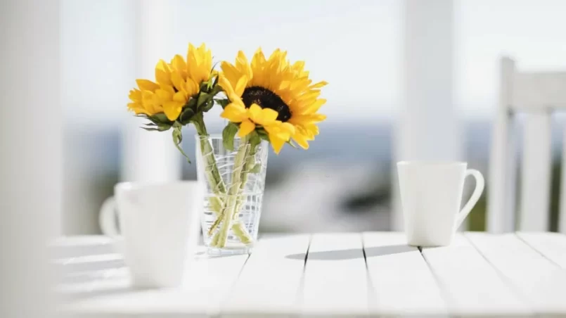 Vase of flowers and coffee cups on kitchen table