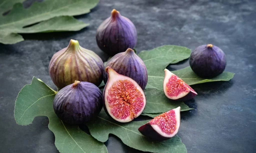 Whole and sliced figs on big fig leaves