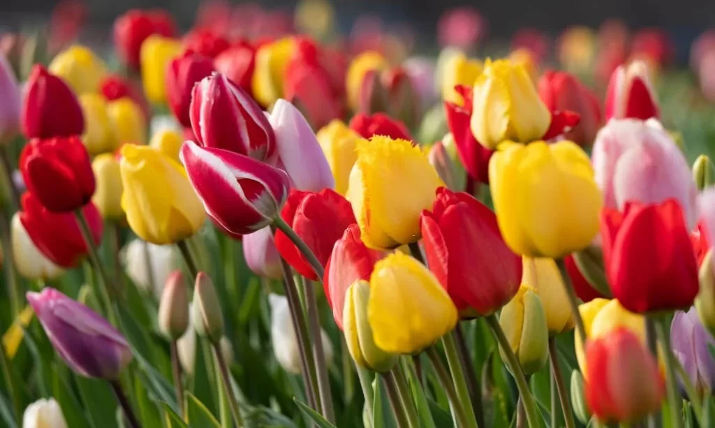 colorful tulip flowers in a field
