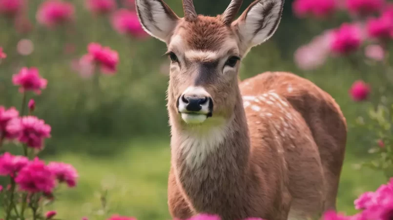 deer near dianthus flowers