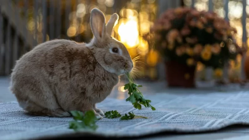 domestic rabbit eating greens