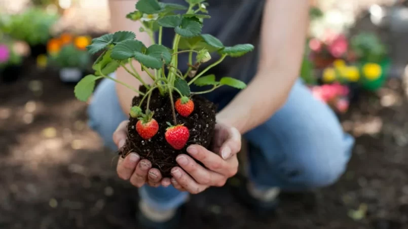 strawberry plant in hands before planted