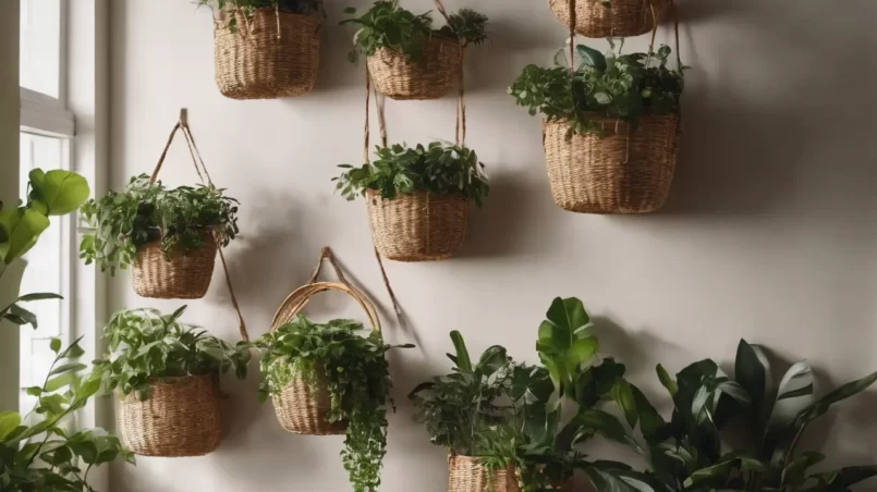 Baskets on wall with plants