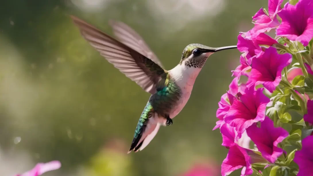 hummingbird and petunias