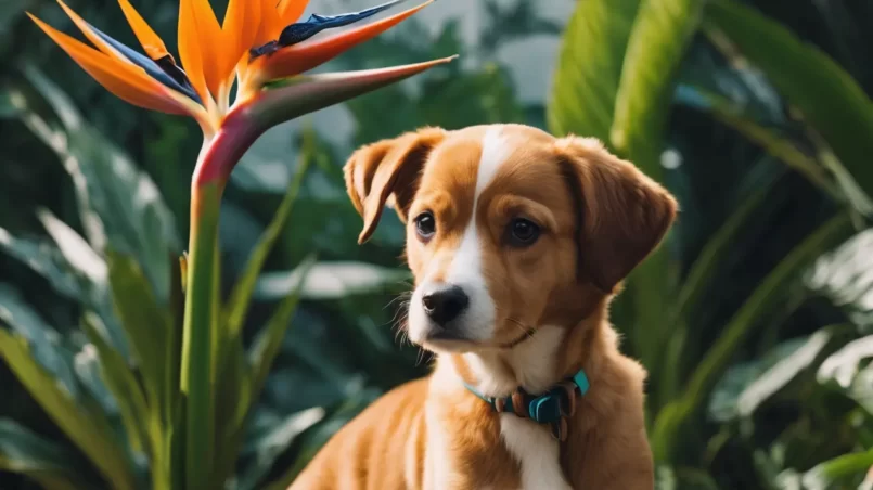 Birds of Paradise plant and dog