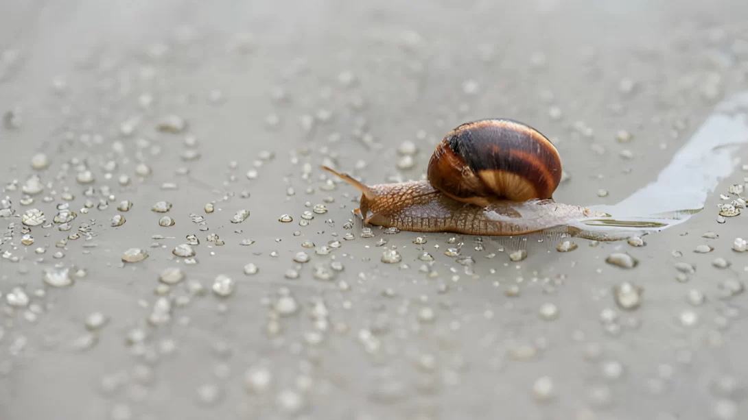 Brown snail crawling on a plastic film in the drops of rain