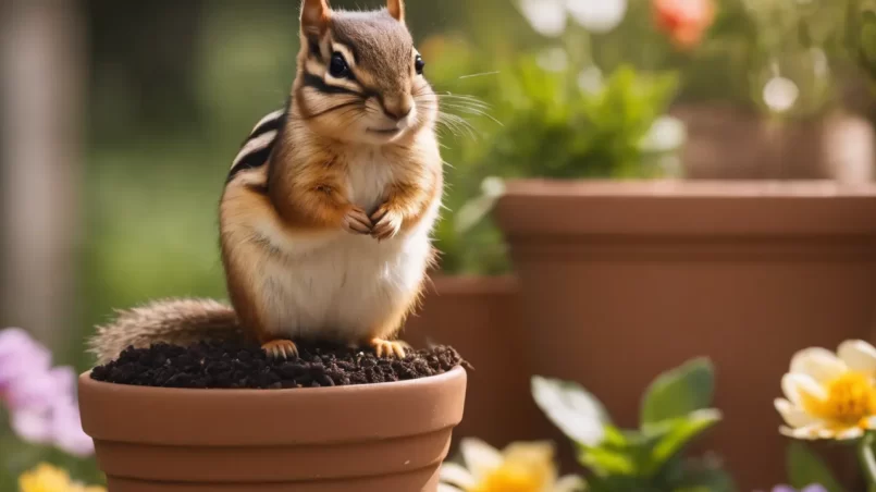 Chipmunk in flower pot