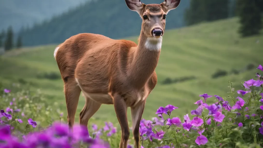 Deer near petunia flower