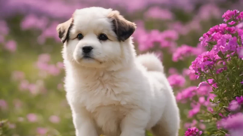 Dog near phlox flowers