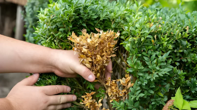 Dying boxwood shrub