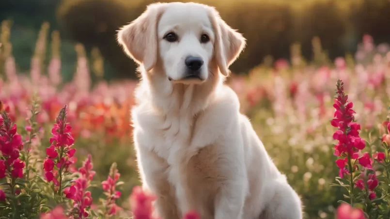 Snapdragon flowers and dog