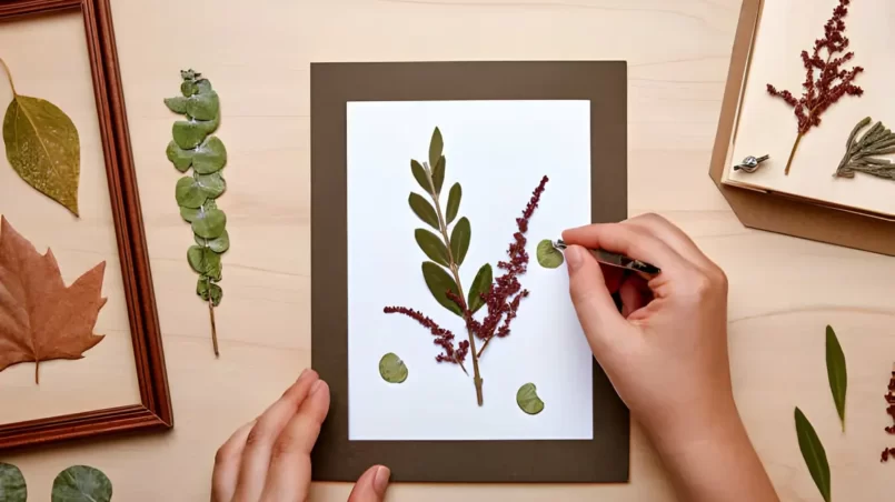 Woman making decoration with dried pressed flowers