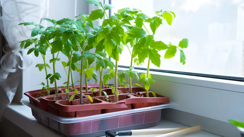 Young tomato seedlings in pots