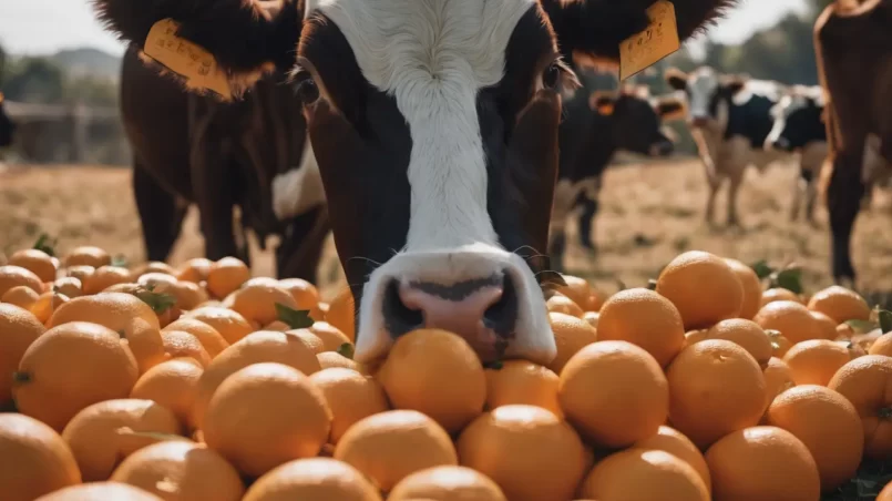 cow eating oranges