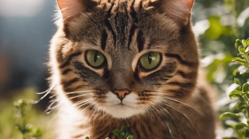 thyme plant and cat