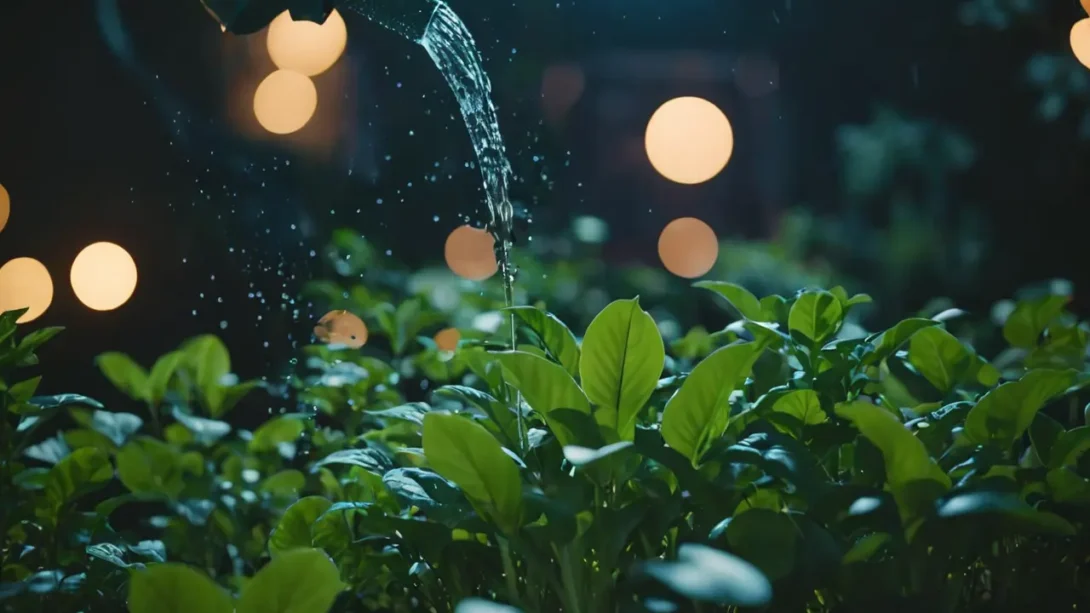 watering plants at night in garden