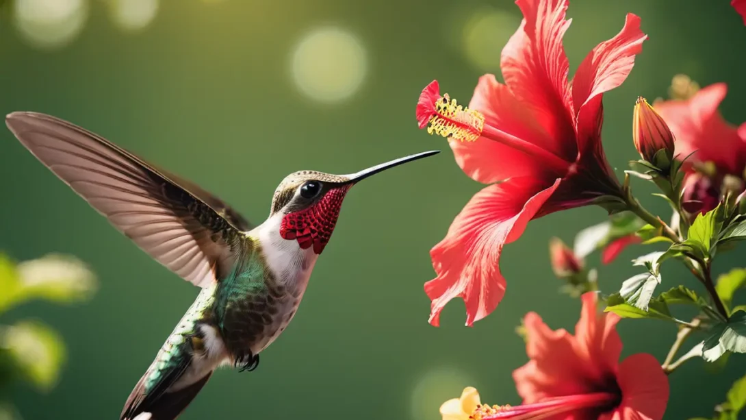 hummingbird near hibiscus flower